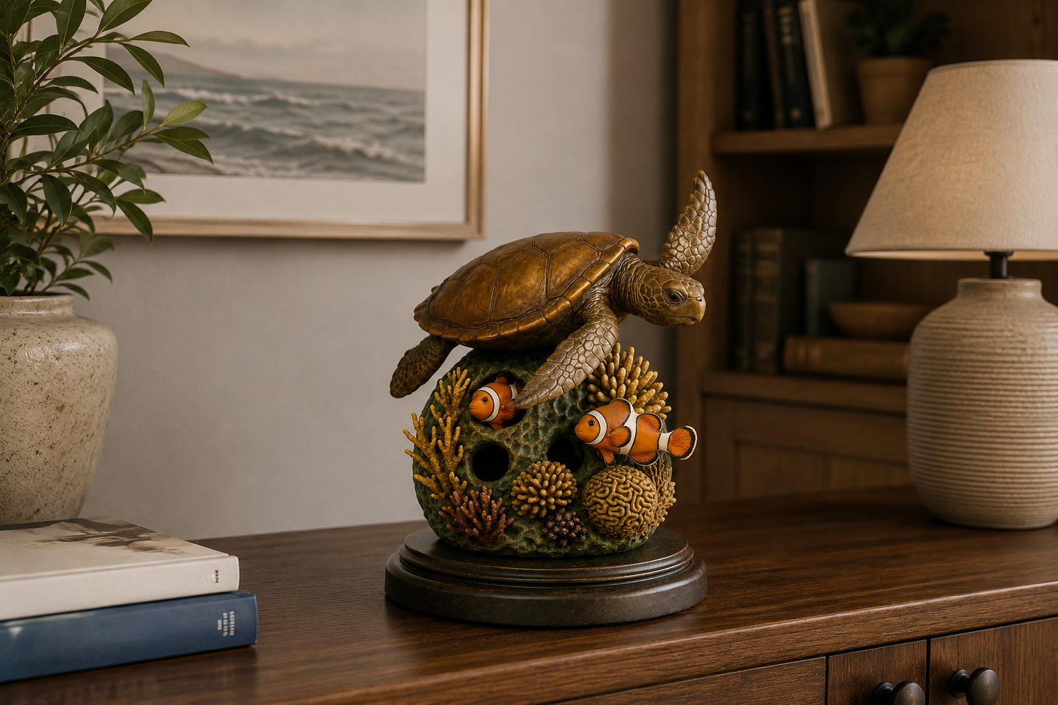 Bronze sea turtle sculpture resting on a coral reef base