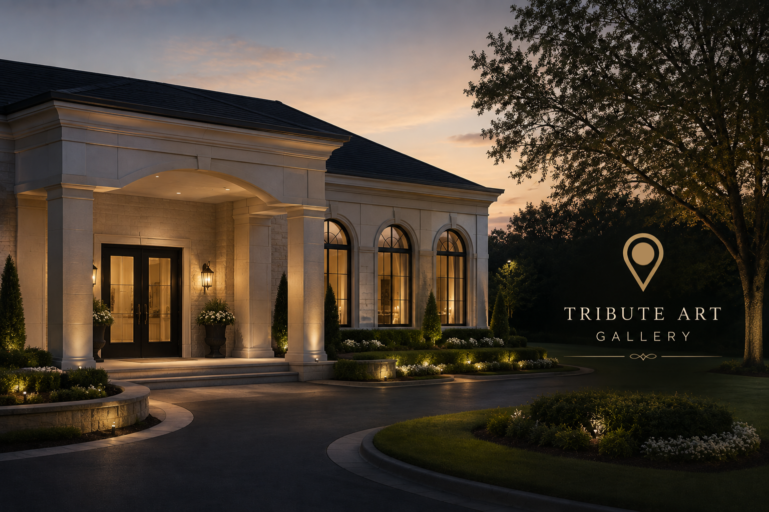 An elegant Tribute Art Gallery exterior at dusk with landscaped grounds and warm architectural lighting