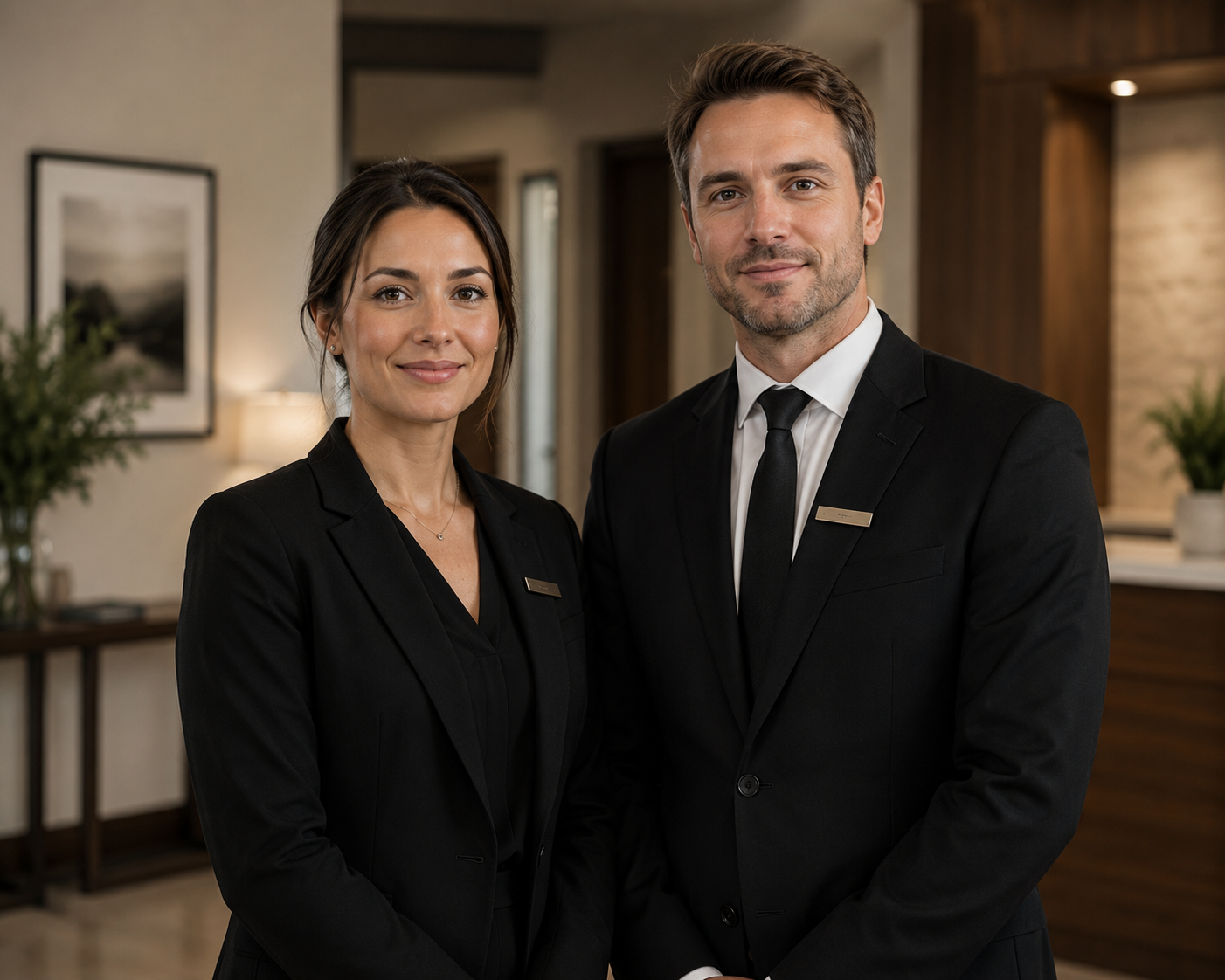 Two professional funeral service Trusted Agents standing together in a welcoming setting