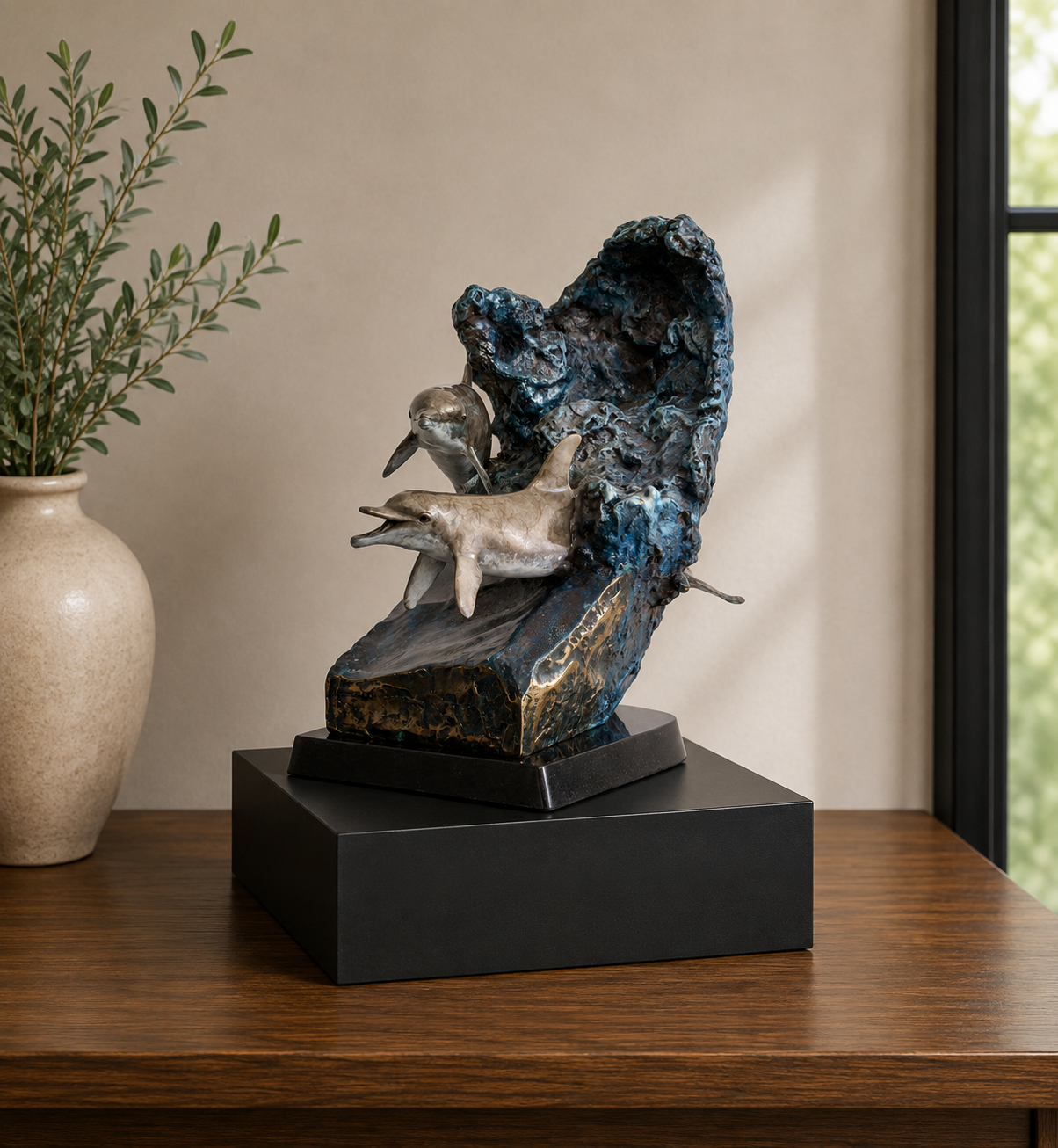 Serenade Companion Urn — Wyland bronze dolphin urn on a black Memorial Riser