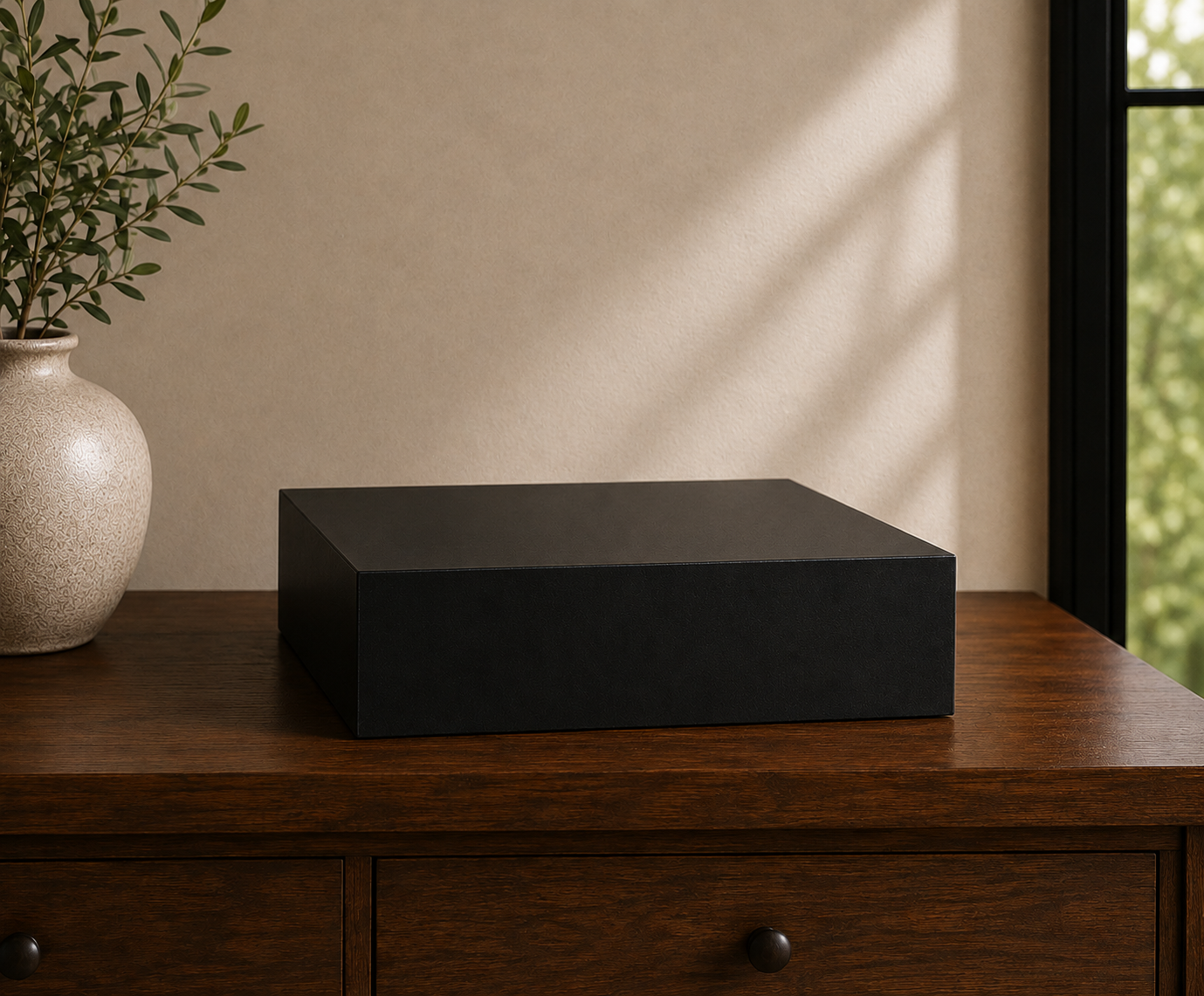 Black Memorial Riser displayed on a walnut dresser beside a ceramic vase