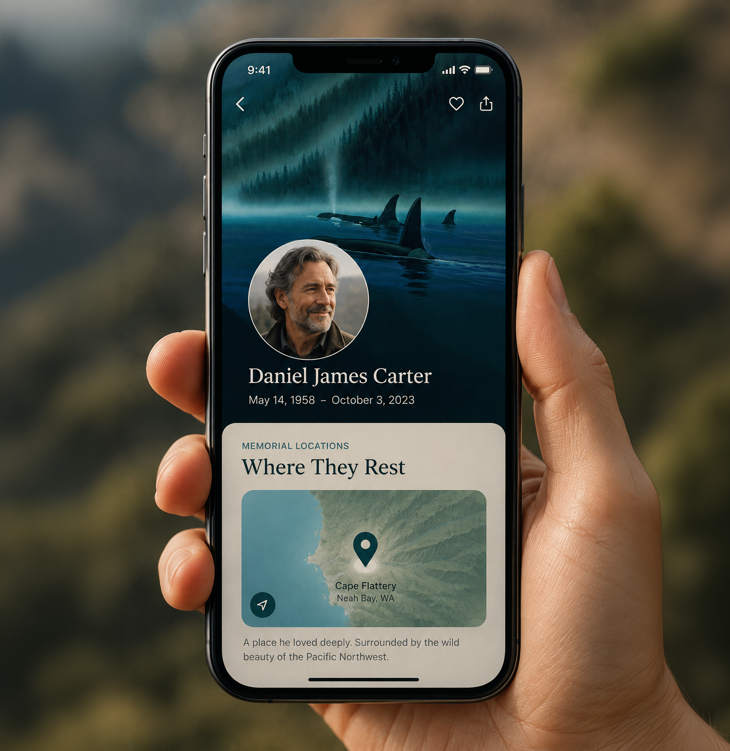 A mobile memorial profile showing a life story, photograph, and meaningful location