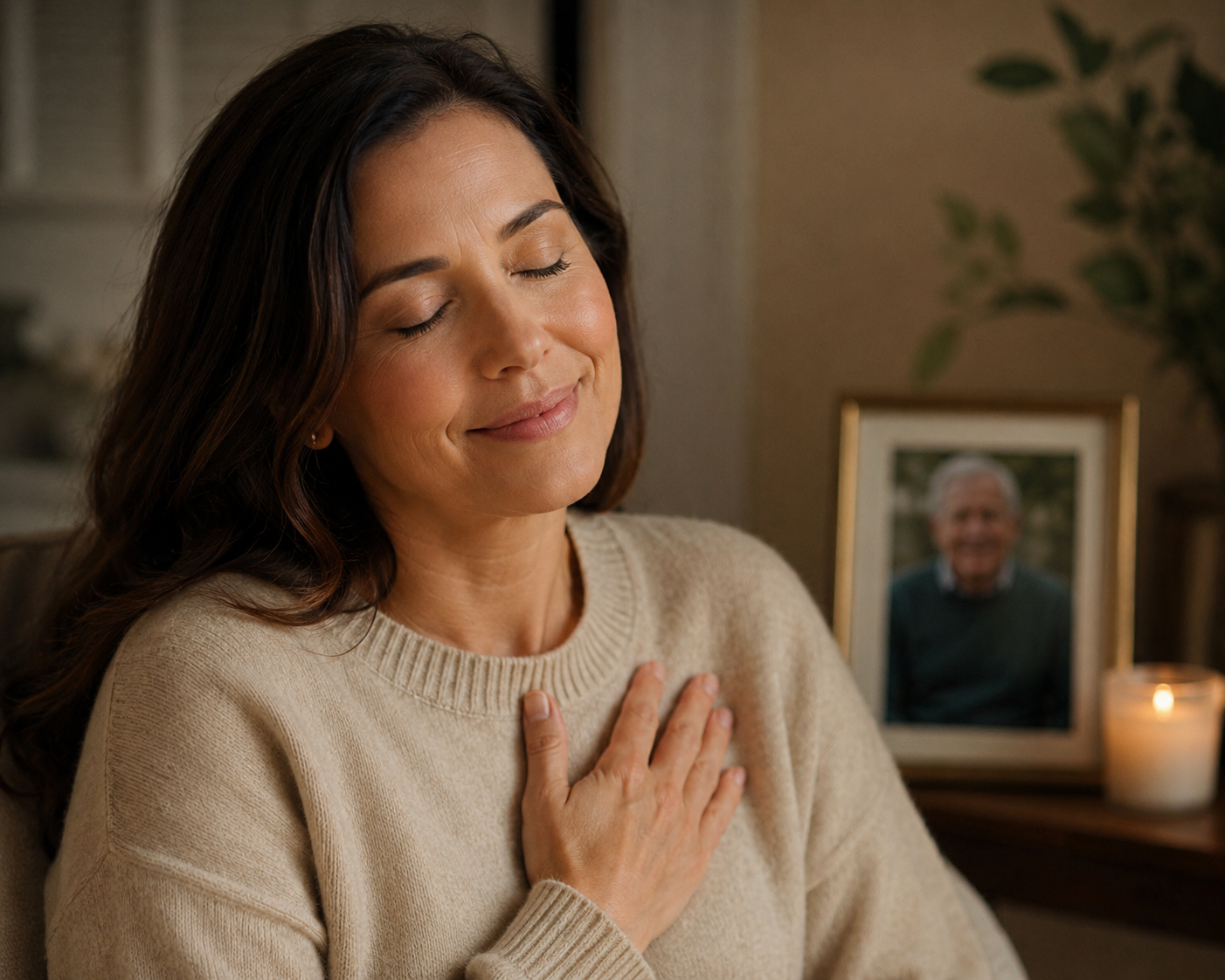 A woman with her hand on her heart beside a framed photo of a loved one and a candle