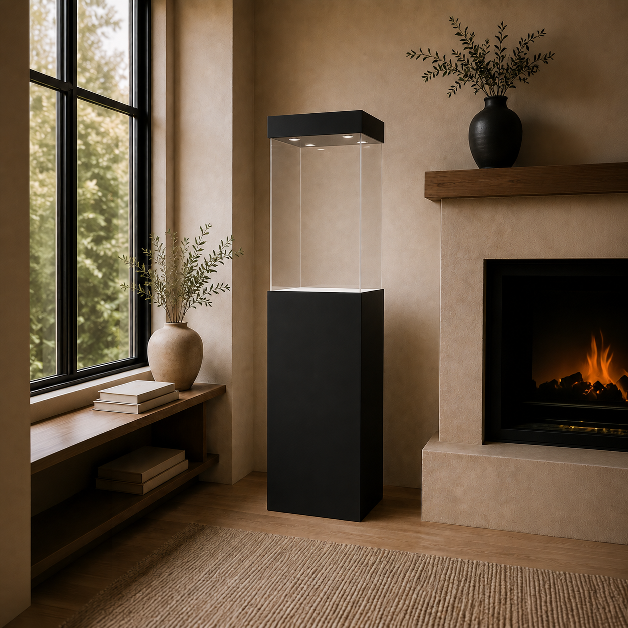 Black satin laminate display case pedestal with acrylic enclosure and integrated down lighting in a contemporary living room