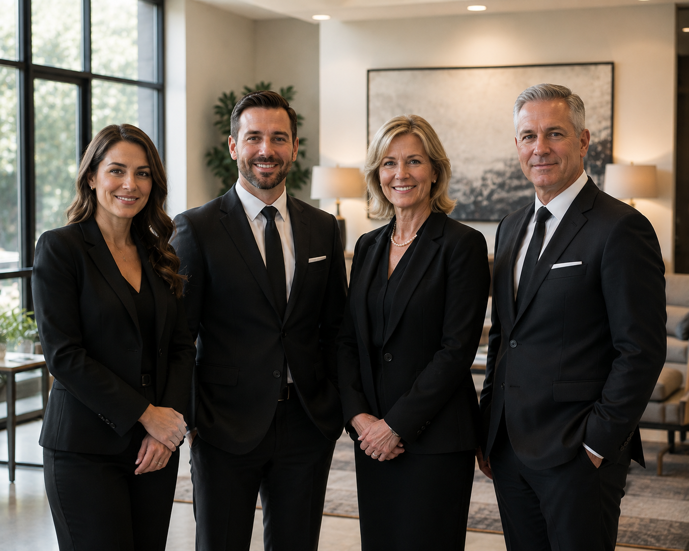 A team of funeral professionals in a warm, modern consultation space