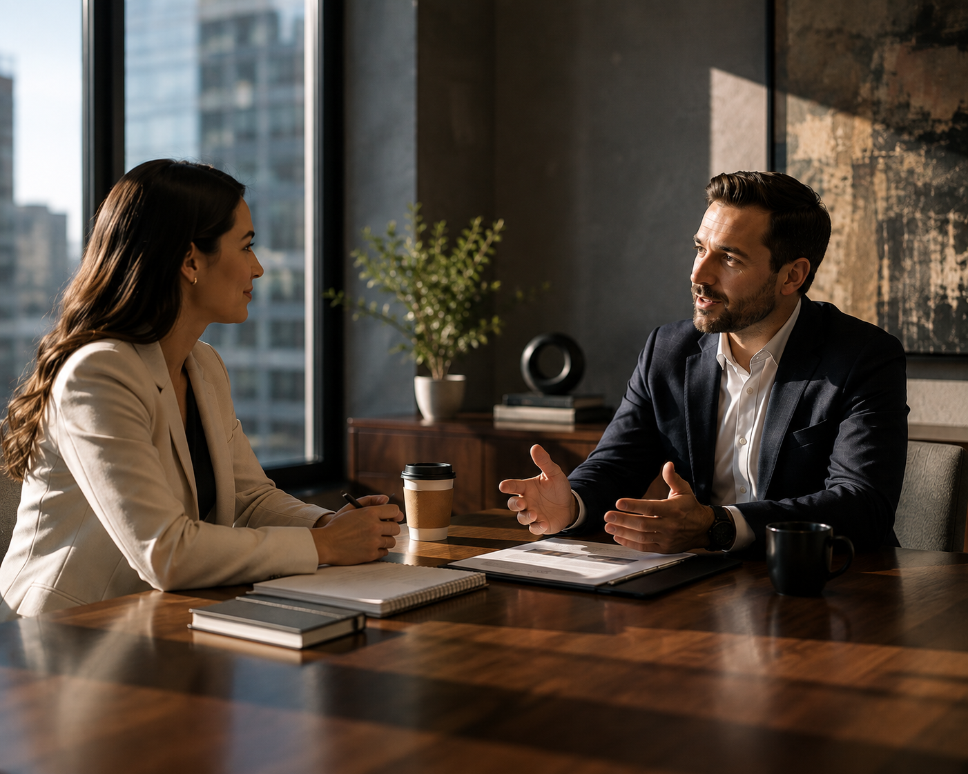 Two professionals discussing a bespoke memorial program across a desk in a warm office