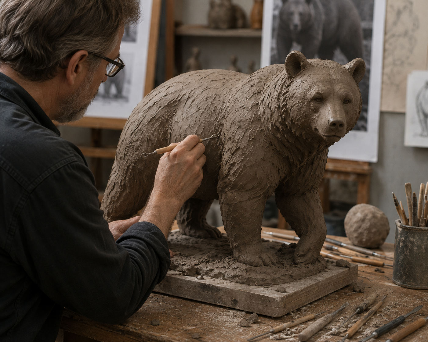 An artist sculpting a detailed clay bear memorial sculpture in a studio