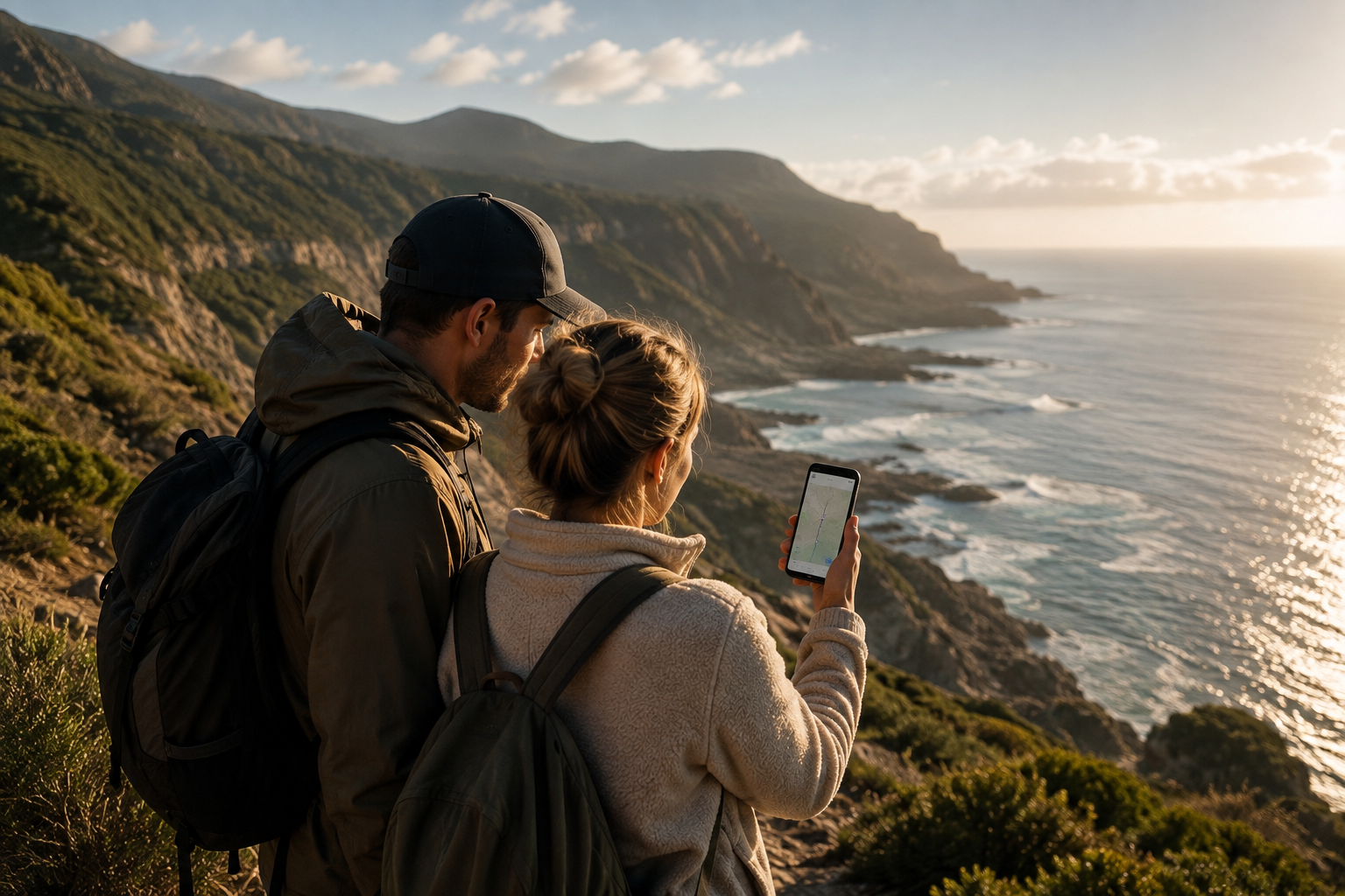 My Footsteps — a couple pausing on a coastal trail to revisit a life map on their phone