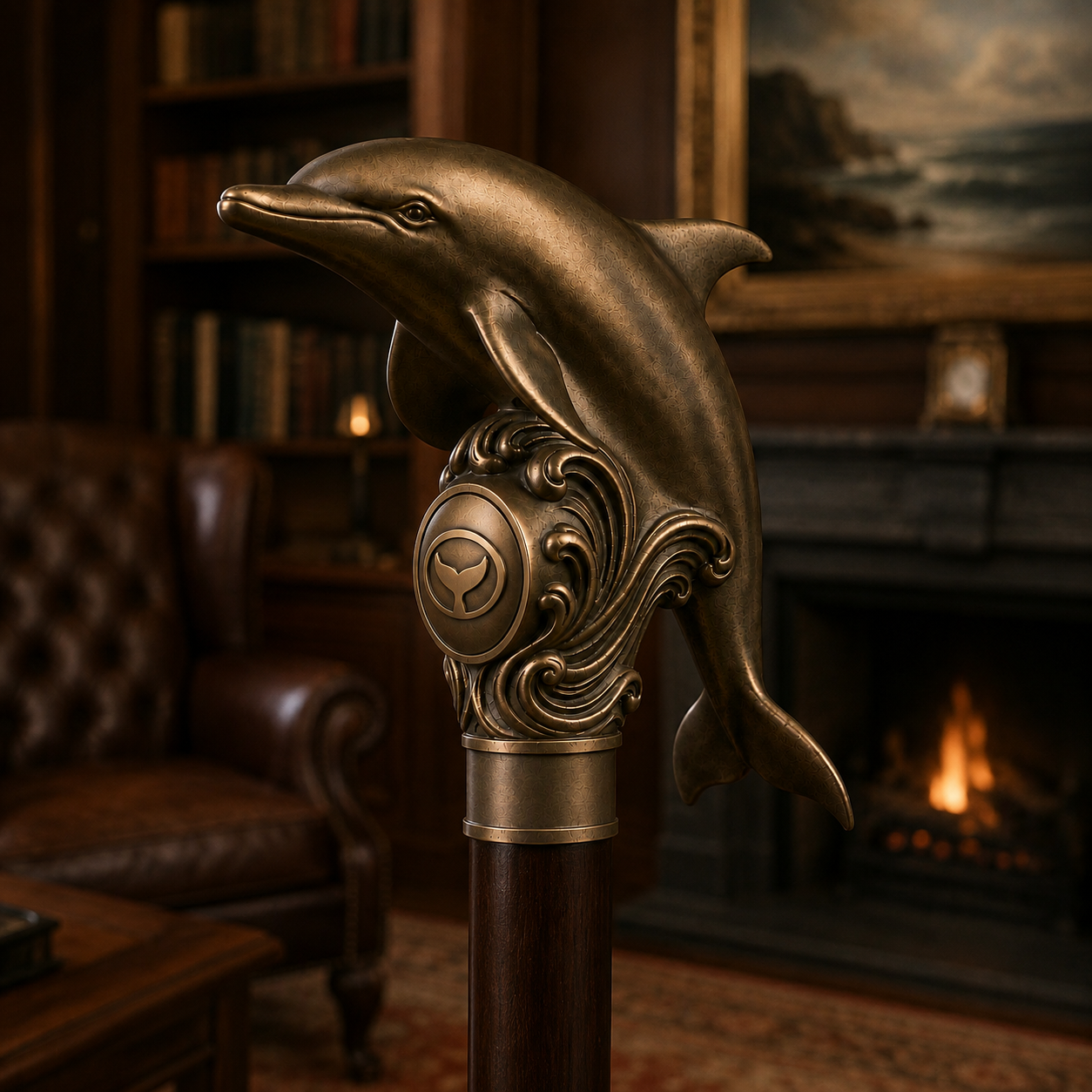 Memorial cane with a sculpted bronze dolphin handle