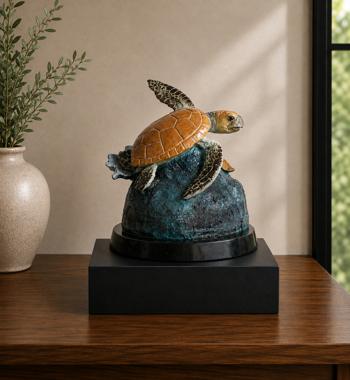 Freedom Companion Urn — a Wyland bronze sea turtle urn resting atop a Memorial Riser™