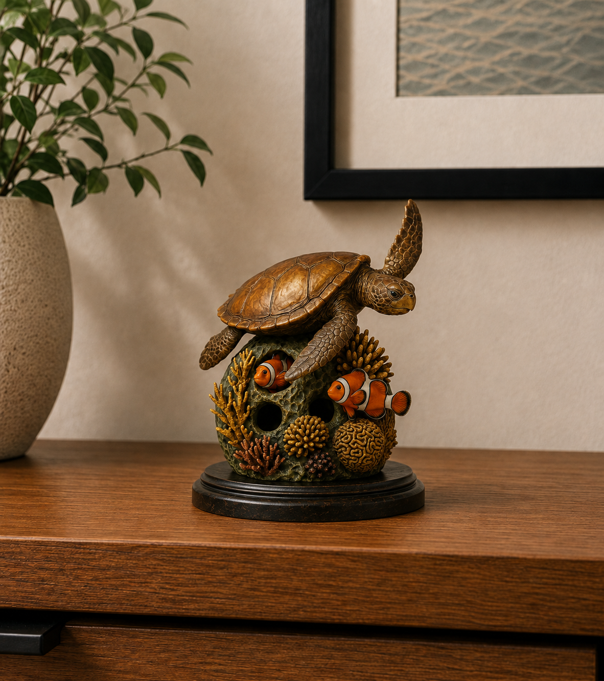 Miniature bronze sea turtle essence sculpture on a coral reef form