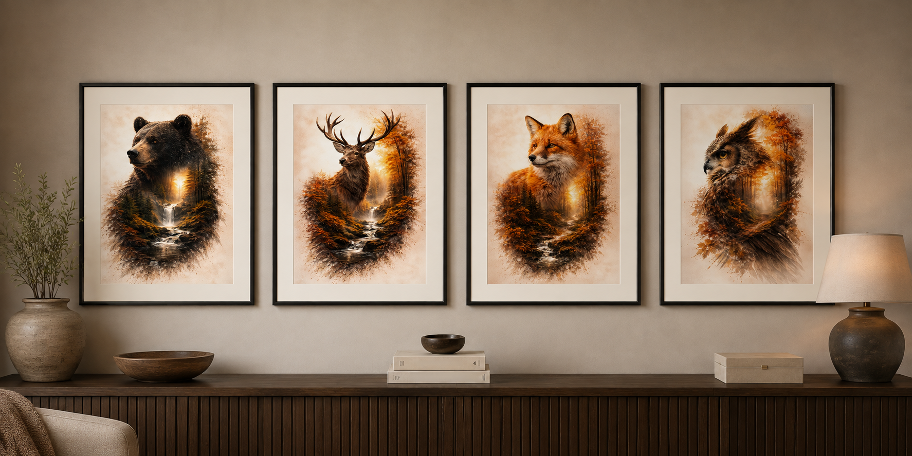 Four framed Woodland Series artworks displayed in a warm gallery setting