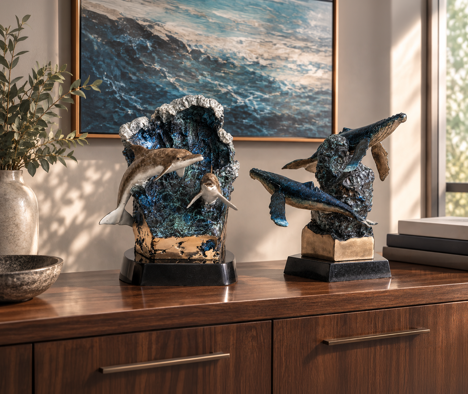 Bronze memorial sculptures displayed on a wooden credenza