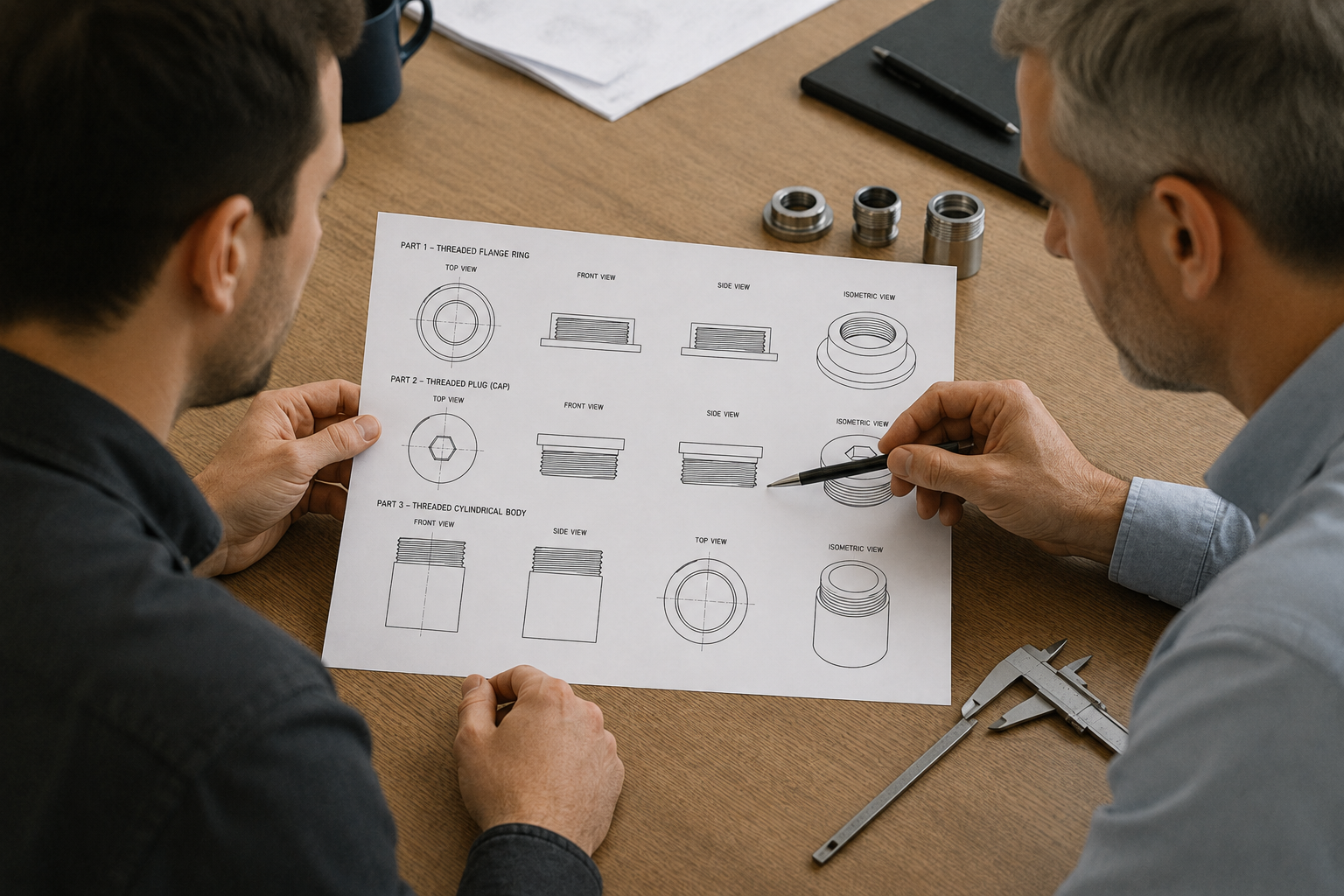 Two designers reviewing technical drawings and component specifications together