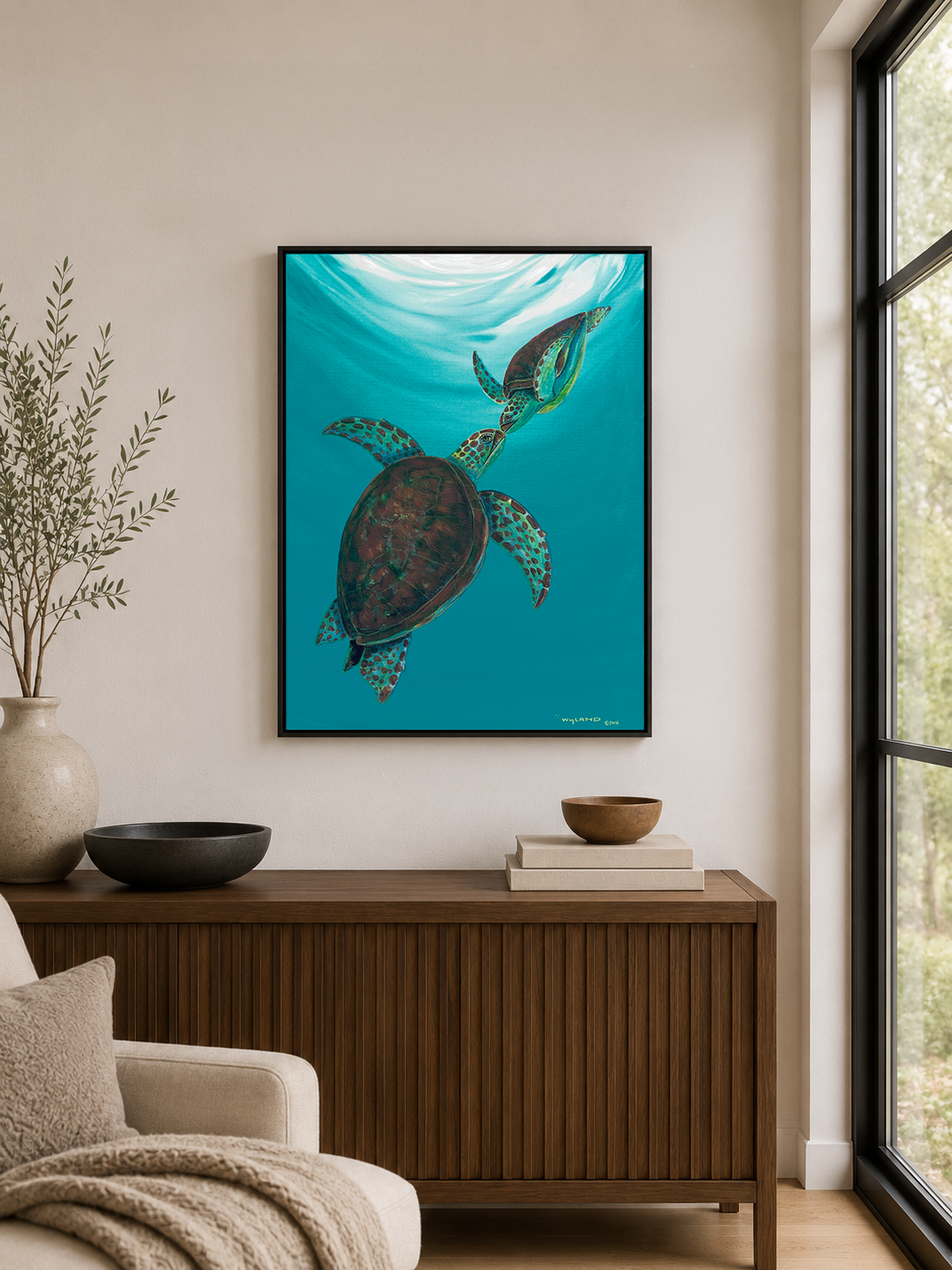 Two sea turtles nose to nose in turquoise water, painting by Wyland