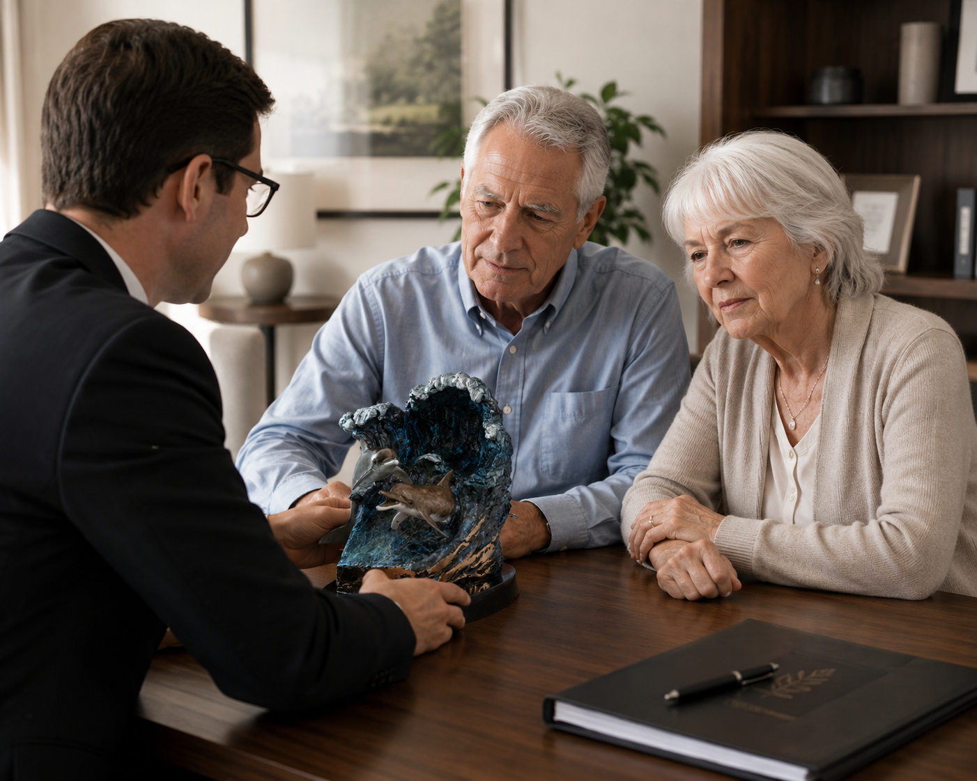 A funeral director presenting a bronze memorial sculpture to an older couple