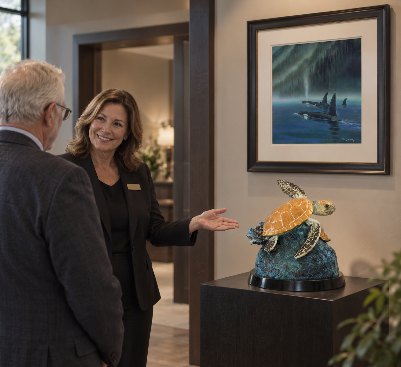 A funeral professional presenting a Tribute Art gallery display with bronze sculpture and framed artwork