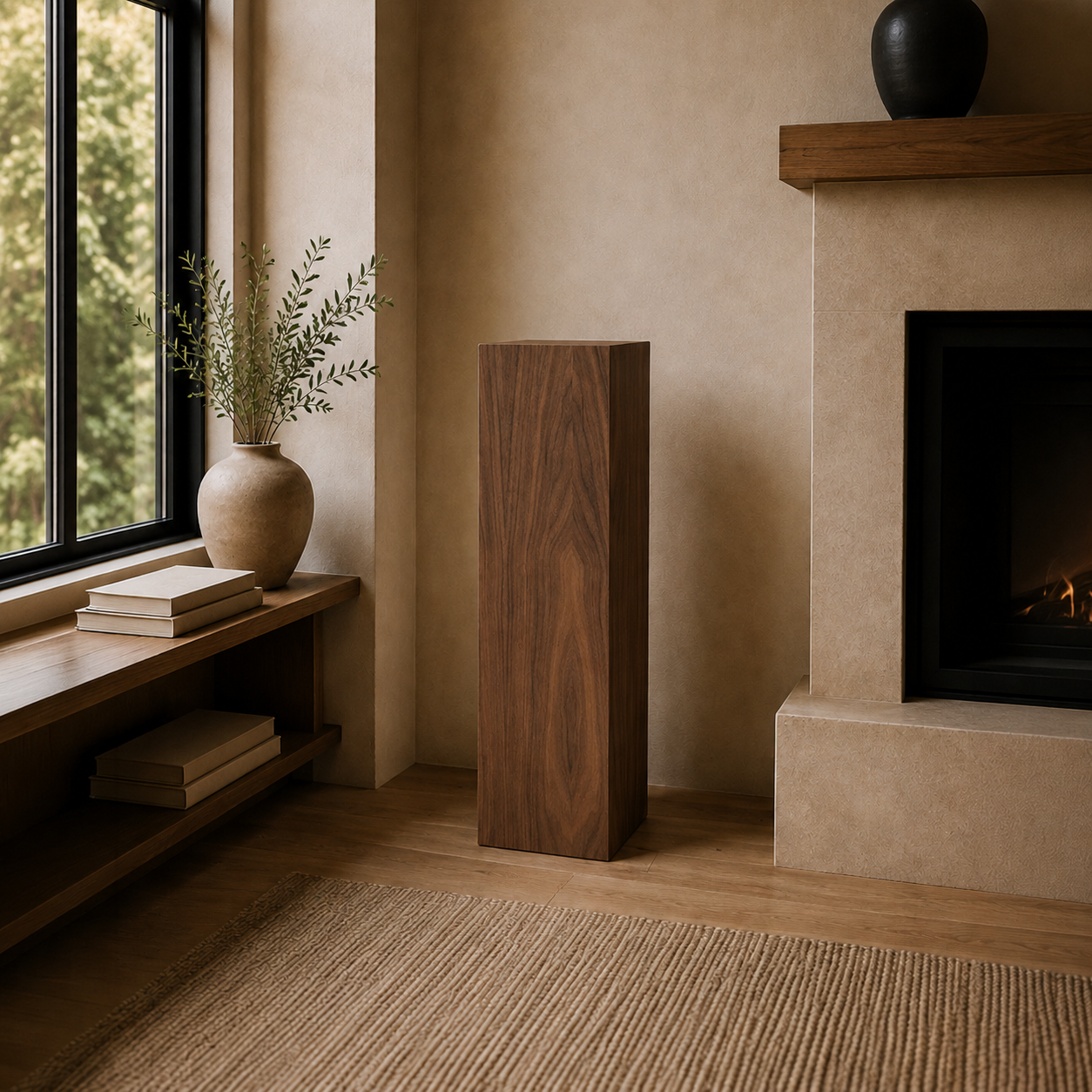 Walnut Tribute Pillar art display pedestal standing beside a fireplace in a warm living room