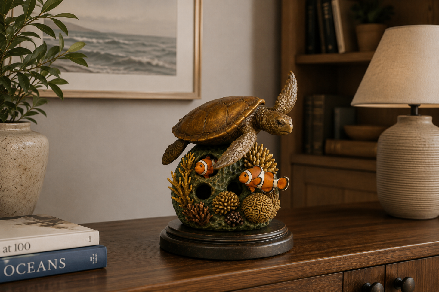 Bronze sea turtle sculpture resting on a coral form — the Living Reef Tribute