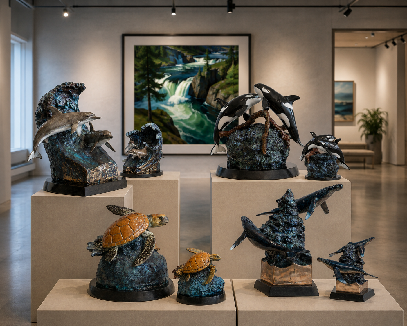 A bright gallery space showing bronze sculptures and a waterfall painting