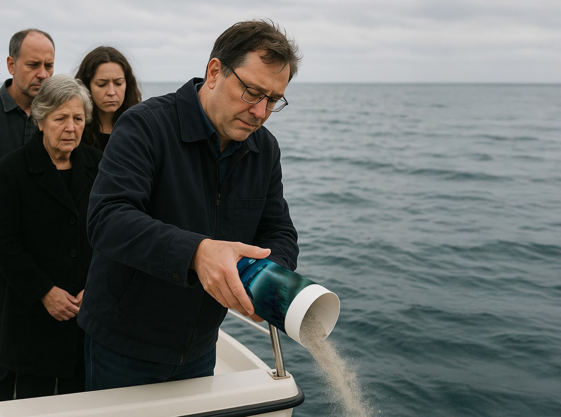 A family releasing ashes into the sea using a Wyland Scattering Tube