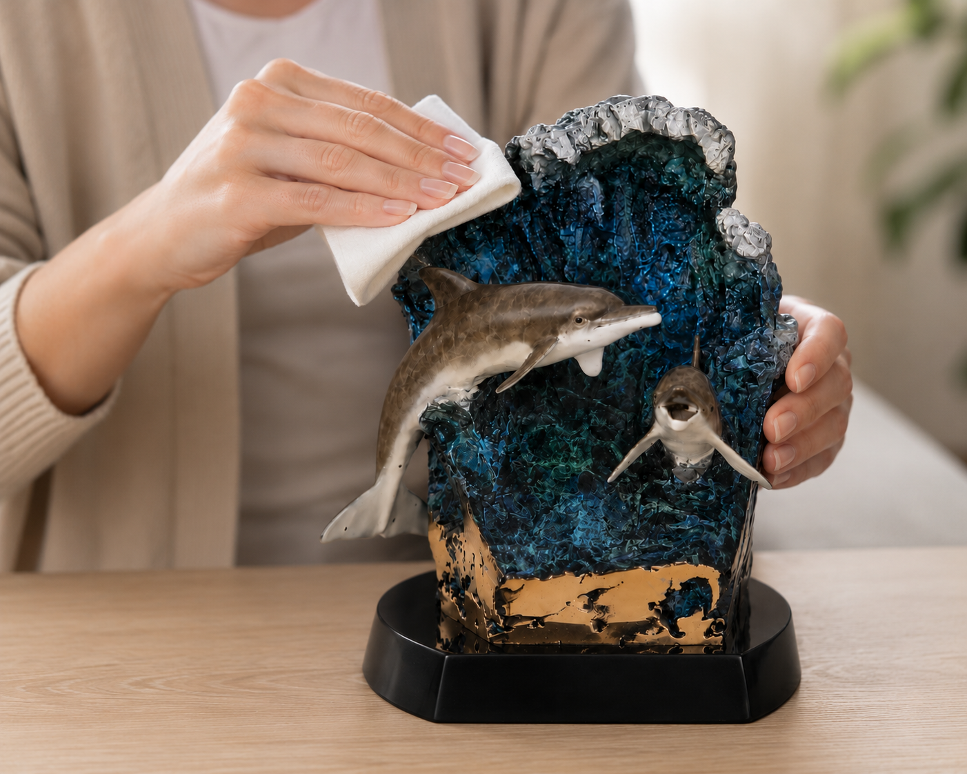 Hands gently wiping a bronze dolphin sculpture with a soft cloth to remove dust