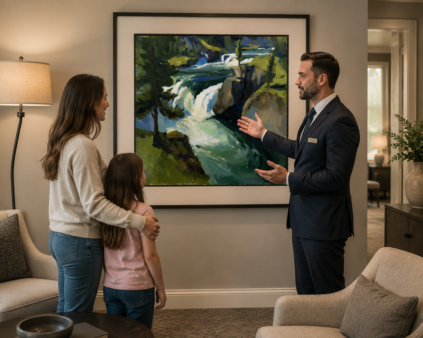 A funeral professional presenting a framed memorial painting to a family in a calm arrangement room