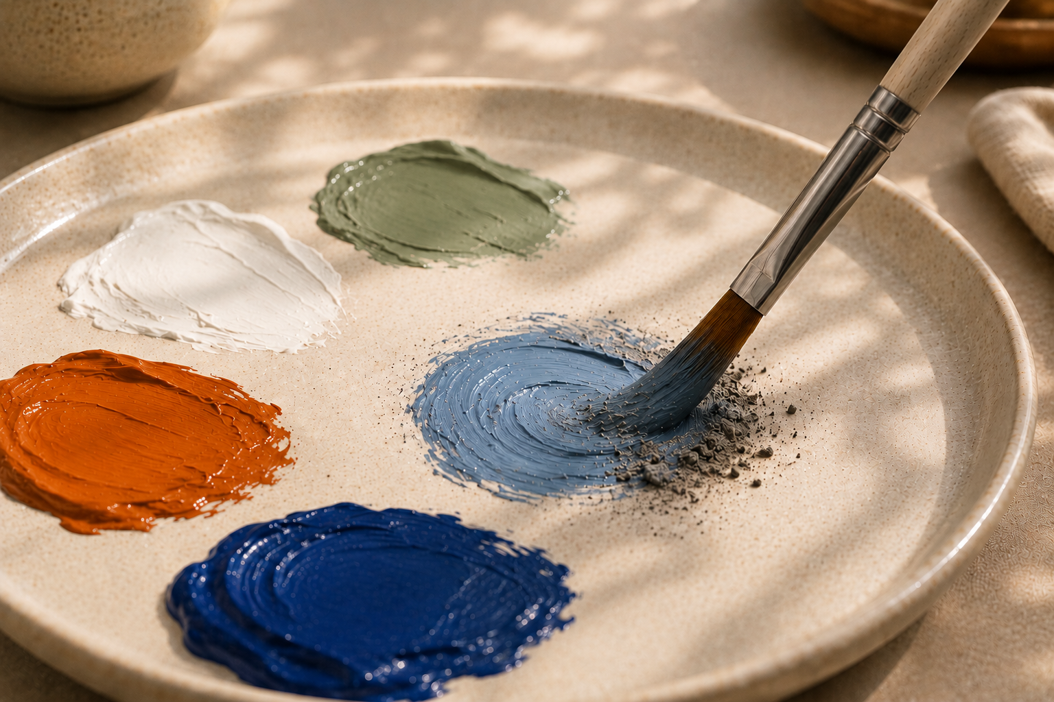 Cremated remains being folded into the painting medium on a ceramic palette