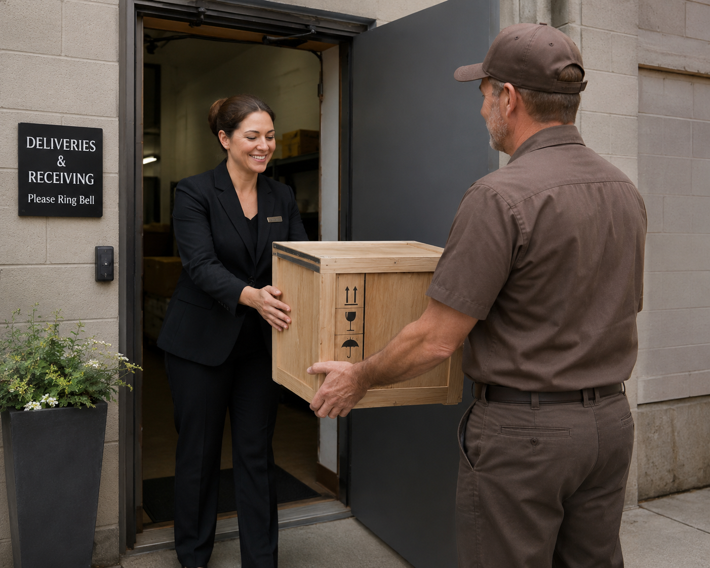 A delivery professional handing a crated memorial product to a funeral home staff member at the receiving door