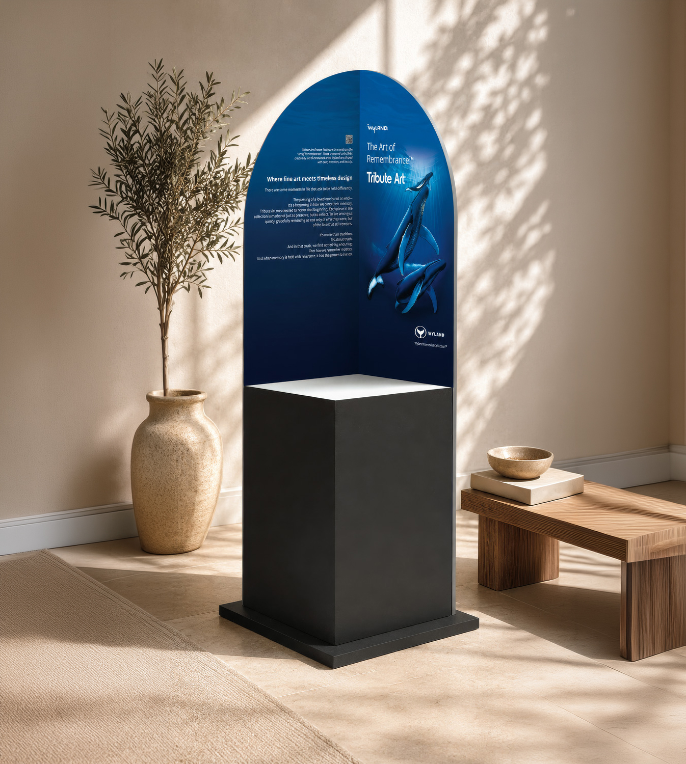 Wyland Gallery Pedestal showcasing Wyland's The Art of Remembrance in a contemporary interior setting